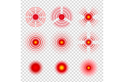 Pain circle symbols. Painkiller remedy spots icons, painful target red