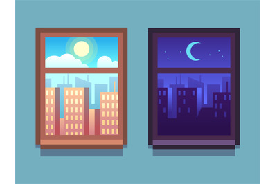 Day and night window. Cartoon skyscrapers at night with moon and stars