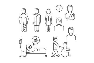 Hospital patients line icons set isolated on white