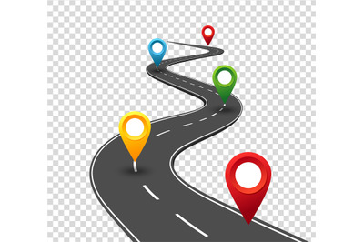 Road infographics. Winding road to success with pin pointers. Business