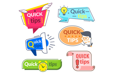 Quick tip labels. Tips and tricks suggestion, quickly help advice. Hel