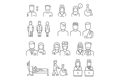 Hospital staff thin line icons set