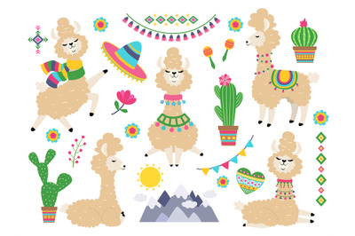 Llama set. Baby llamas cartoon alpaca, wild lama. Girl invitation elem