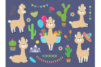 Cute alpaca. Funny cartoon llama, peru baby lamas and cacti flowers. W