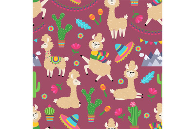 Llama seamless pattern. Alpaca baby and cactus girly textile texture.