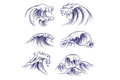 Sketch wave. Ocean sea waves splash. Hand drawn surfing storm wind wat