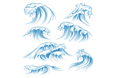 Hand drawn ocean waves. Sketch sea waves tide splash. Hand drawn surfi