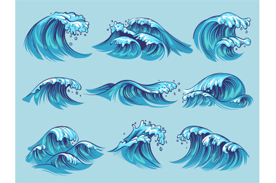 Hand drawn ocean waves. Sketch sea tidal blue waves tide splash hand d