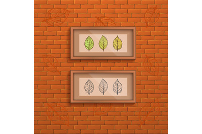 Decorative brick wall background with two interior frames with doodle