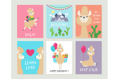 Llama invitations. Cute alpaca birthday greeting card. Cartoon funny p