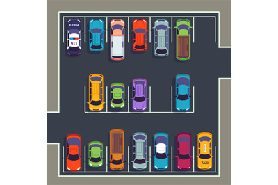 Parking top view. Many cars on parking zone&2C; different vehicles in par