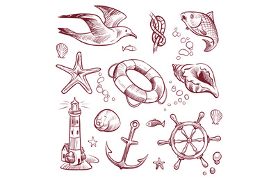 Sketch marine set. Sea ocean voyage lighthouse seagull starfish anchor