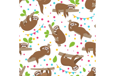 Sloth seamless pattern. Relaxing sloths on jungle summer forest brunch