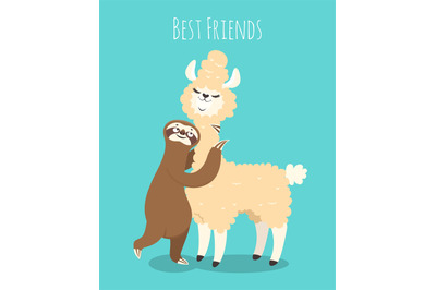 Llama and sloth. Alpaca with sloth lazy bear. Baby t-shirt design&2C; fun