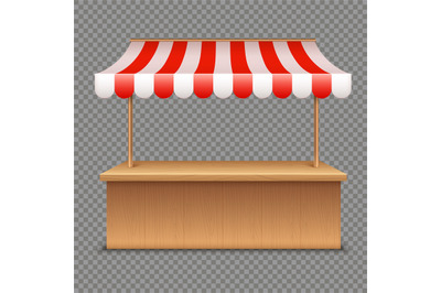 Empty market stall. Wooden tent with red and white striped awning on t