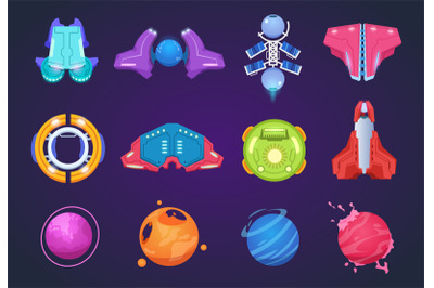 Cartoon space icons. Spaceships alien planets ufo aerospace rockets an