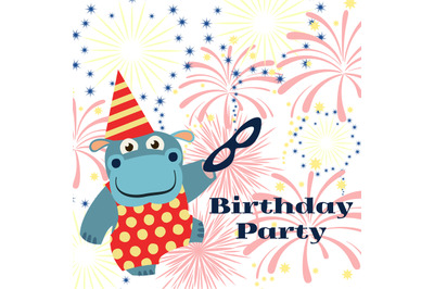 Birthday party background with cartoon hippo with mask and fireworks