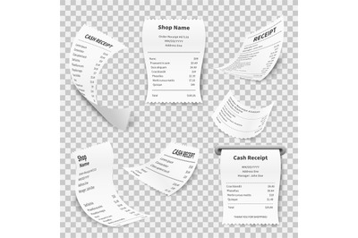 Realistic receipt. Cash register sales shopping receipts print paper s