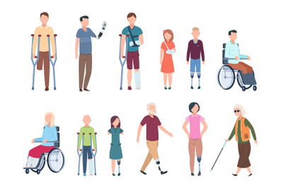 Disabled persons. Diverse injured people in wheelchair, elderly, adult