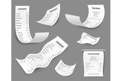 Paper receipts. Receipt print amount bill, budget buy choice cost chec