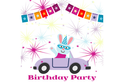 Birthday party postcard background template with bunny