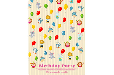 Birthday party poster design - cartoon animals fly with balloons