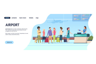 Airport landing page. Passenger terminal queue departure arrival gate,