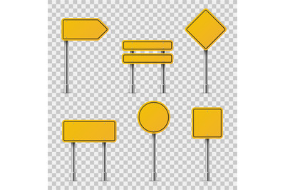 Yellow road signs. Blank traffic road empty warning caution attention