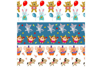 Cute birthday seamless borders with cartoon amimals