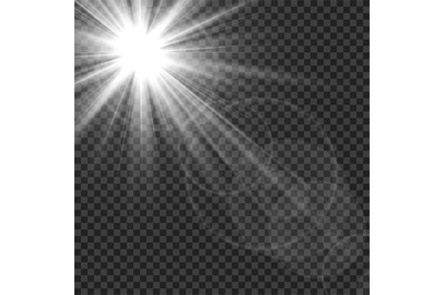 Sunlight isolated. Sun rays light lens flare glare. White transparent