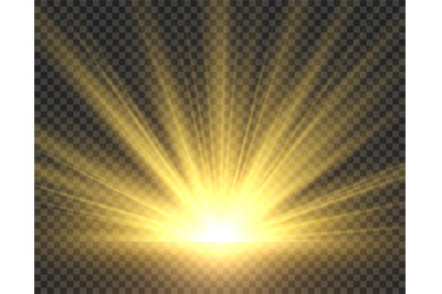 Sunlight isolated. Golden sun rays radiance. Yellow bright spotlight t