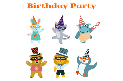 Cute dancing animals on birthday masquerade party