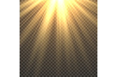 Sunlight isolated. Sun light effect golden sun rays radiance. Yellow b