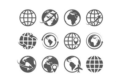 Globe icons set. World earth globe map internet global commerce touris