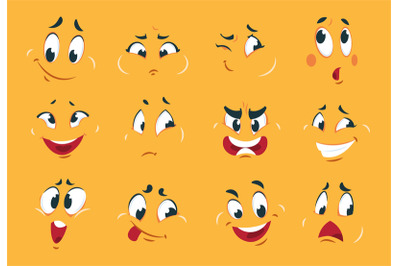 Funny cartoon faces. Angry character expressions eyes doodle crazy mou