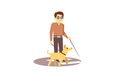 Dog companion and blind man on walk isolated on white background - bli