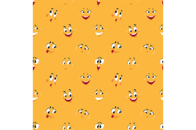 Cartoon smiley pattern. Funny crazy faces happy cute smile caricature