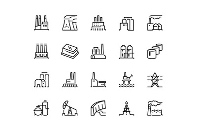 Factory line icons. Industry power, chemical manufacturing building wa