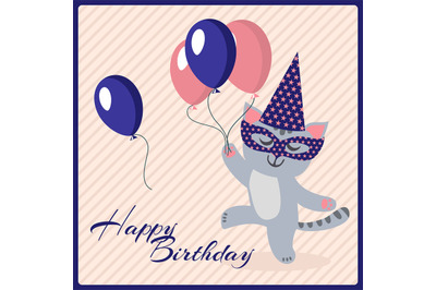 Happy birthday postcard template with cute masquerade cat