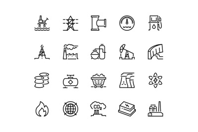 Heavy industry line icons. Oil gas production nuclear electric station