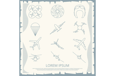 Vintage aviation thin line icons collection