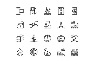 Oil line icons. Gas fuel station, chemical industry petrol tank, petro