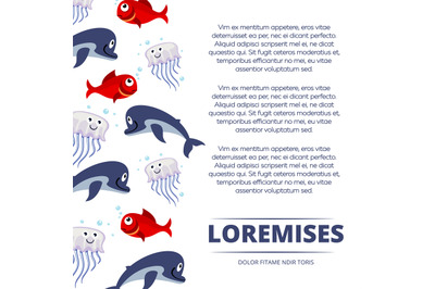 Wild sea animals poster design - background with cute dolphin, fishes