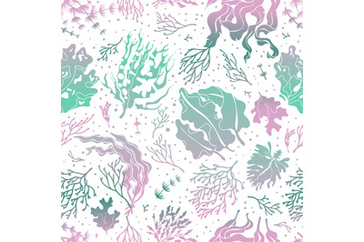 Seaweed seamless pattern. Marine plants silhouette texture. Sea kelp e