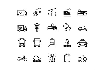 Transport line icons. Airplane helicopter balloon train trolley city v
