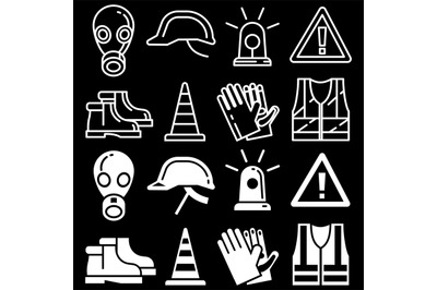 Line and silhouettes personal protective equipment icons set on black