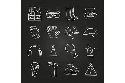 Personal protective equipment thin line icons on chalkboard design