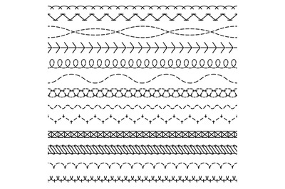 Stitch lines. Stitched seamless pattern threading borders sewing strip