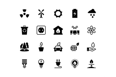 Alternative energy black icons. Renewable eco nature green water wind