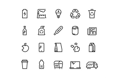 Recycling line icons. Plastic waste trash recycle container paper bin